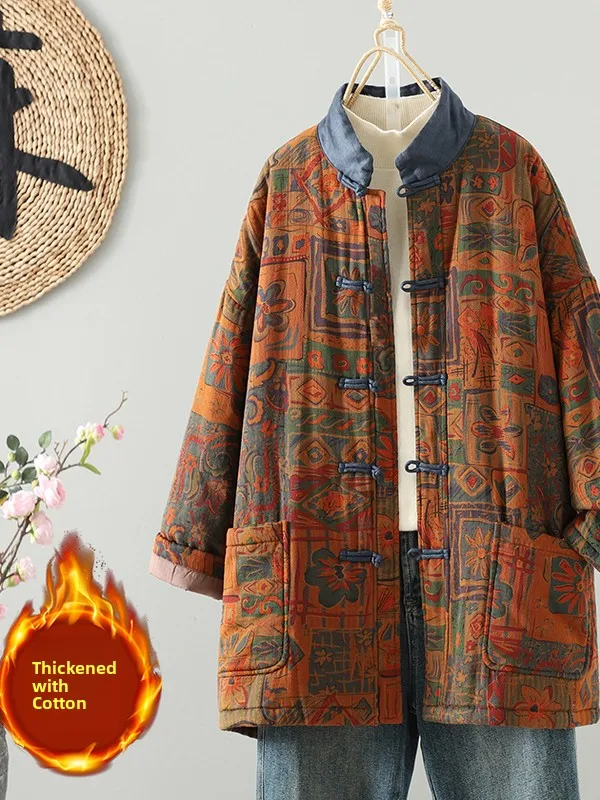 

Утепленная зимняя хлопковая куртка в национальном стиле, теплая женская одежда, пошив на заказ, пальто с длинными рукавами и воротником-стойкой