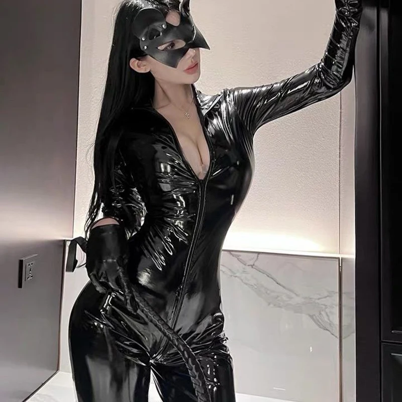 Sexy Hot Women PU Faux Leather Catsuit PVC Latex Bodysuit Front Zipper Open Crotch Jumpsuit Stretch Erotic Costume Halloween Set