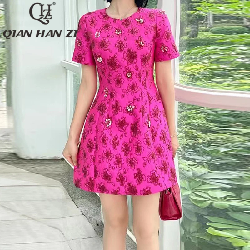 

QHZ Designer Runway Fashion Dress Women's short sleeves Retro Rose Jacquard Sequin Beading luxury Dress