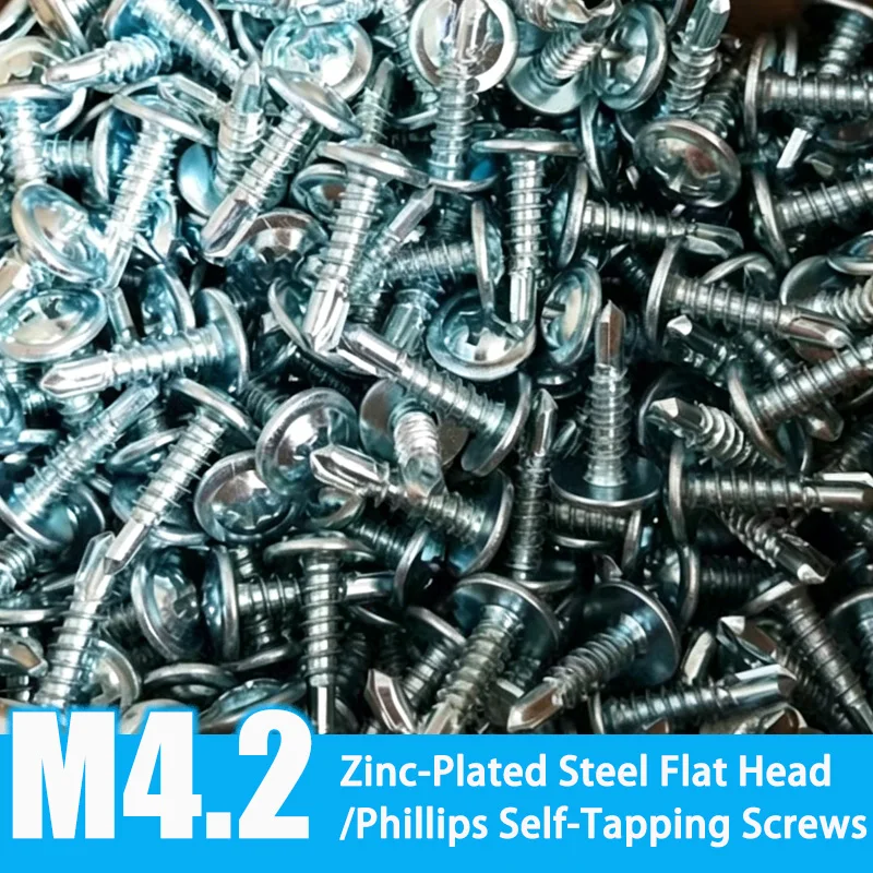 

10/50/100Pcs Iron Zinc Large Flat Head Washer Self Drilling Screws M4.2 Phillips Round Head Self Tapping Drill Tail Screw