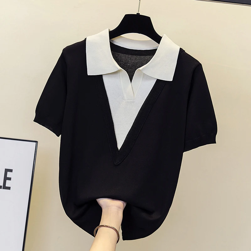 Jersey básico con cuello tipo Polo para mujer, Jersey holgado de gran tamaño, de punto, 2023