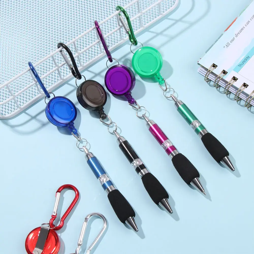 Metal Retractable Pull Rope Ballpoint Pen Lanyar Mountaineering Buckle Key Chain Easy Pull Buckle Pen Stationery Writing Tools