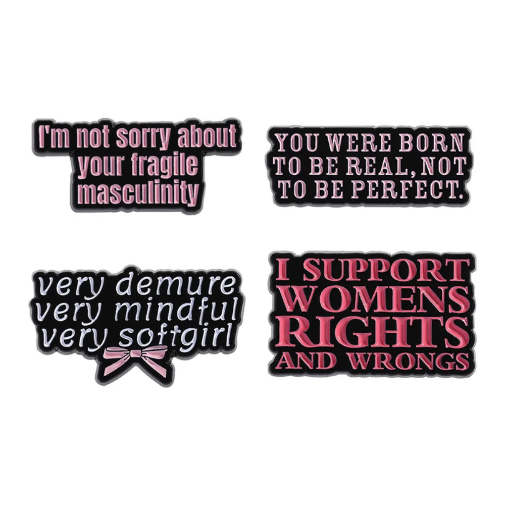 Female Power Text Brooch Set Pink and Black Cool Attitude Brooch Women's Power Pins Clothes Backpacks Accessories