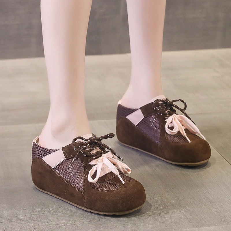 

Новые женские летние туфли без каблука с круглым носком, легкие туфли с цветными блоками и дышащей сеткой, нескользящие туфли на каблуке