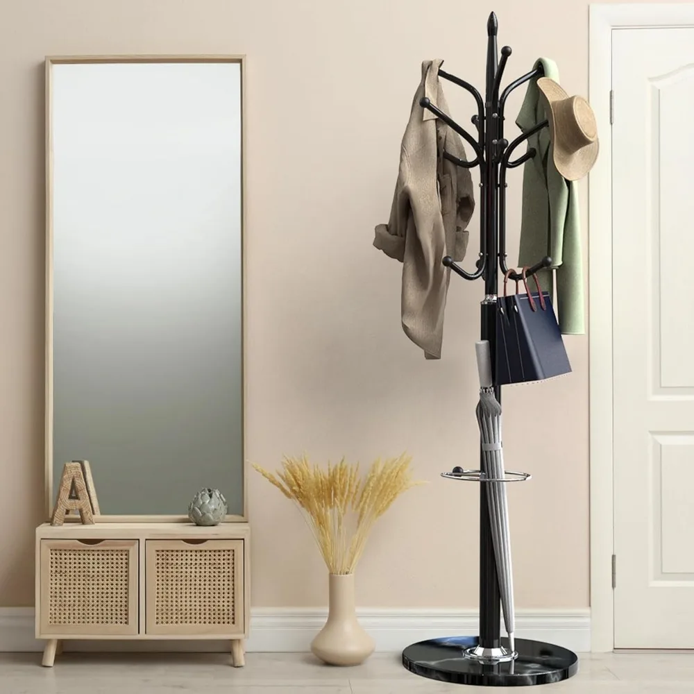 Metal Coat Rack Freestanding, Coat Hanger Stand With Natural Marble Base, Standing Coat Rack With Umbrella Holder, With 12 Hooks