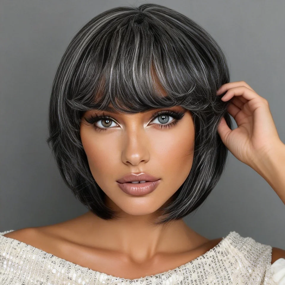 Salt And Pepper Gray Short Pixie Cut Bob 100% Human Hair Wigs For Women Brazilian Remy Hair Full Machine Made Pixie Straight Bob
