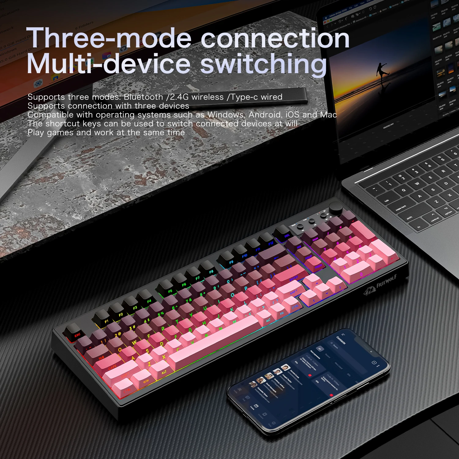 คีย์บอร์ดเกมมิ่งไร้เสียง FREEWOLF k100 สามโหมด, ลายสลักด้านข้างแบบไล่เฉดสี, ไฟ RGB, เหมาะสำหรับพีซีและแล็ปท็อป WIN/MAC