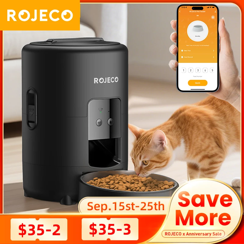 

ROJECO Automatic Cat Feeder 2L Smart Dog Food Kibble Dispenser WiFi App Remote Control Timed Auto Pet Feeder For Puppy Kitten