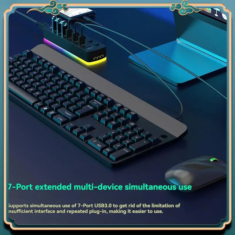(New)-RGB USB 3.0 Hub 7 Ports USB Port Adapter 5Gbps Individual On/Off Switch Splitter Gaming USB Hub For Laptop PC Computer