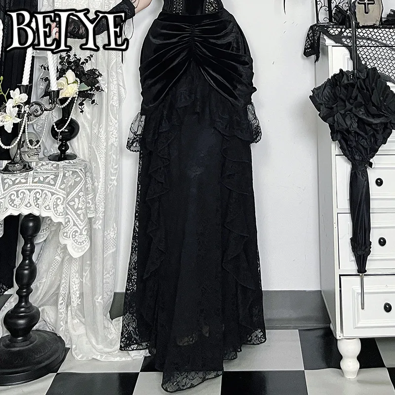 Gonna in velluto stile palazzo vintage Donna Gotico scuro Halloween Cosplay Patchwork in pizzo Gonne per banchetti a vita alta