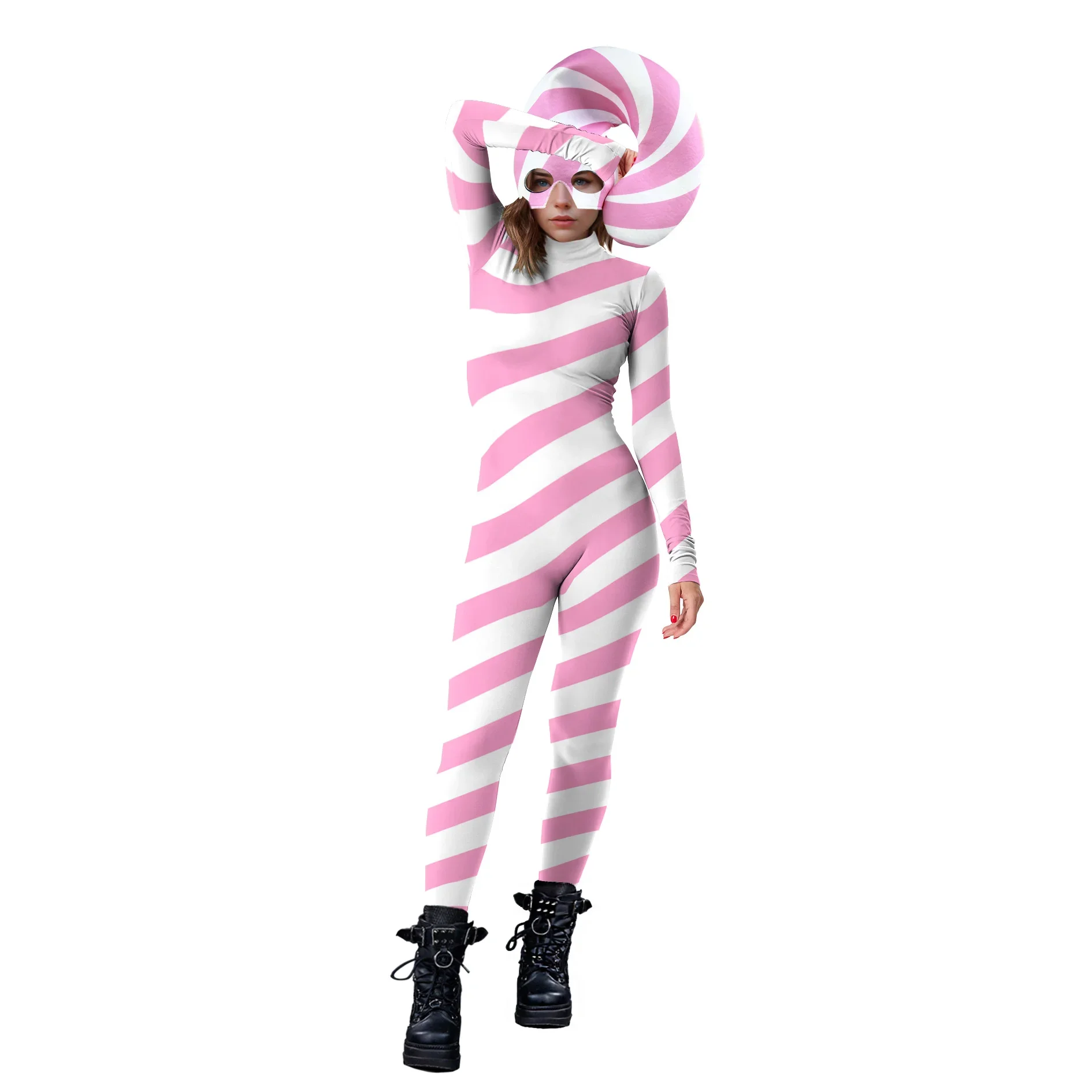 สี Cosplayer Candy Cane Jumpsuit Stripe คอสเพลย์เครื่องแต่งกายฮาโลวีนเครื่องแต่งกายเทศกาลบอดี้สูท Christmas Party Zentai