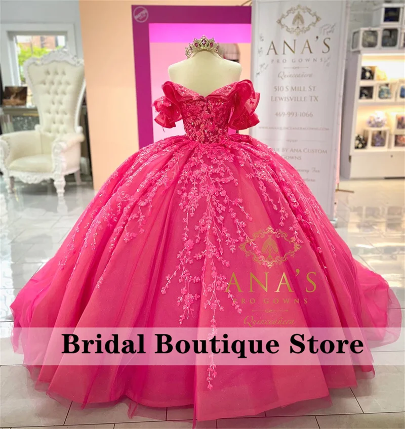 

Luxury New Fushcia Princess Ball Gown Quinceanera Dress 2024 Off Shoulder Crystals Sequins 16th Party Gowns Vestidos De 15 Años