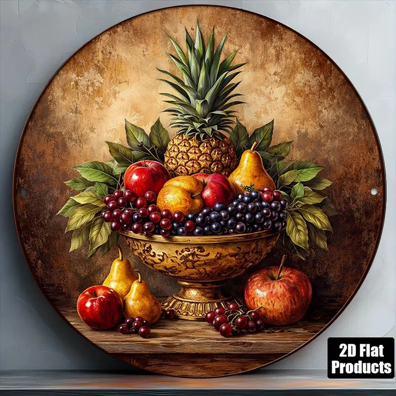 2D Flat, 1pc 8x8in/20x20cm 2D Flat Round Aluminum Sign, Vintage Aluminum Plaque Featuring a Still Life Fruit Platter, Pineapple