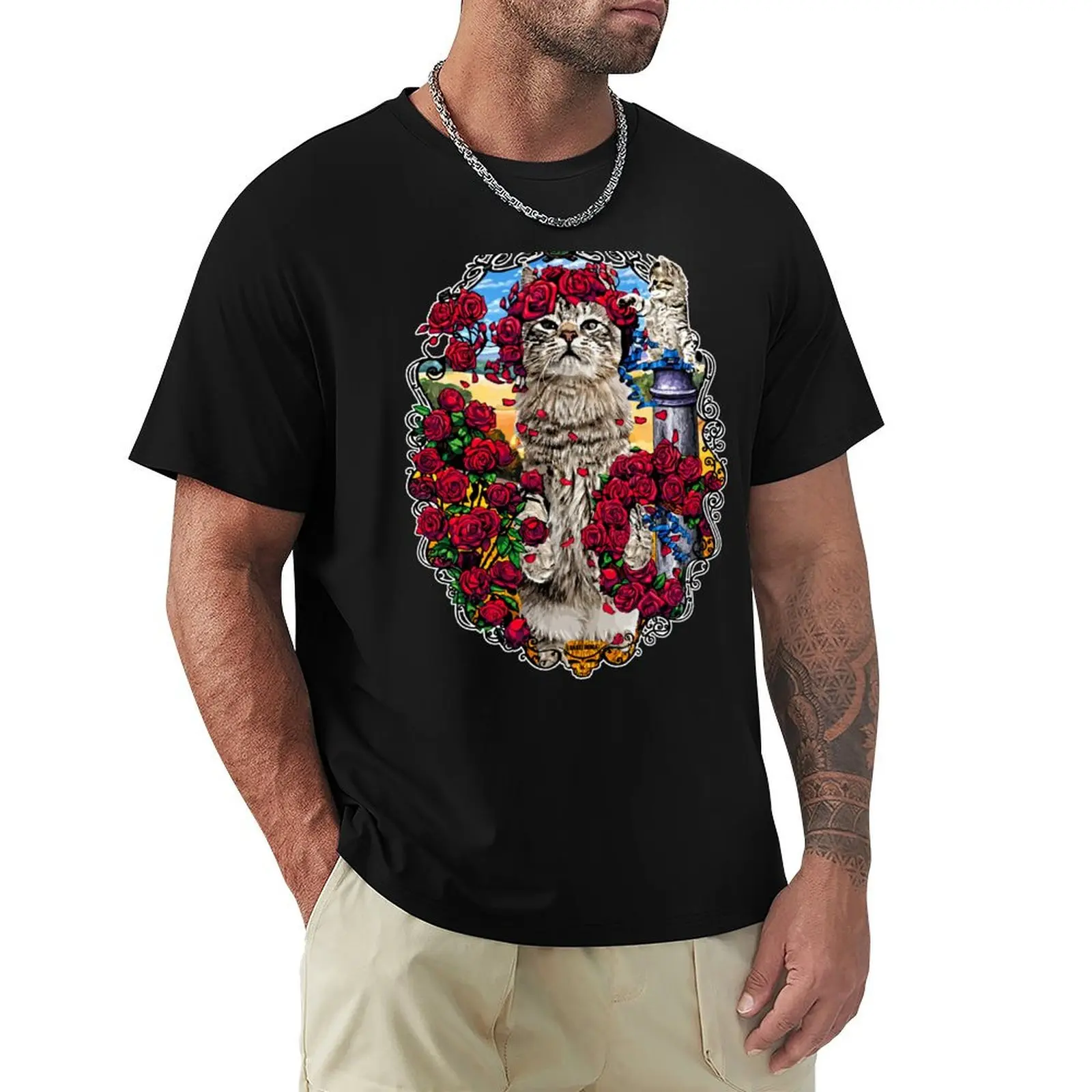 GRATEFUL CATS AND ROSES T-Shirt man t shirts for men T-Shirt