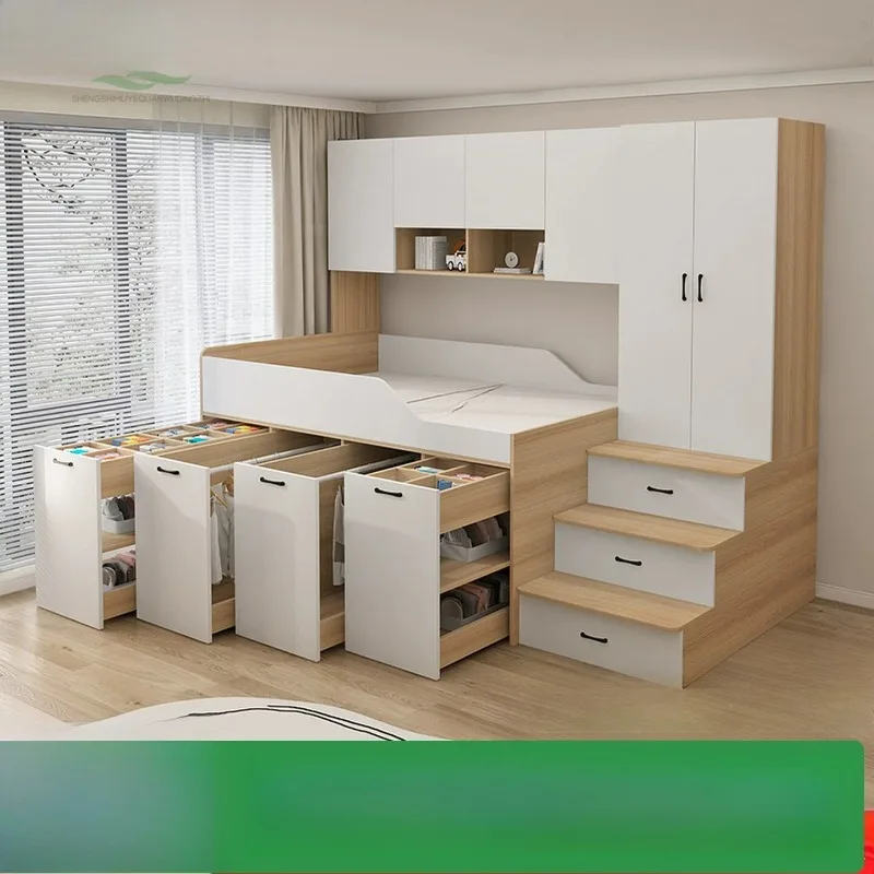 Small apartment bed under the wardrobe, small bedroom desk integrated multi-functional high box storage bed