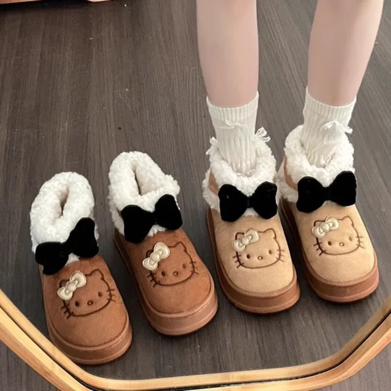 Sanrio winter Hello Kitty cute warm home women's shoes cartoon bow non-slip thick-soled versatile casual wear plush cotton boots