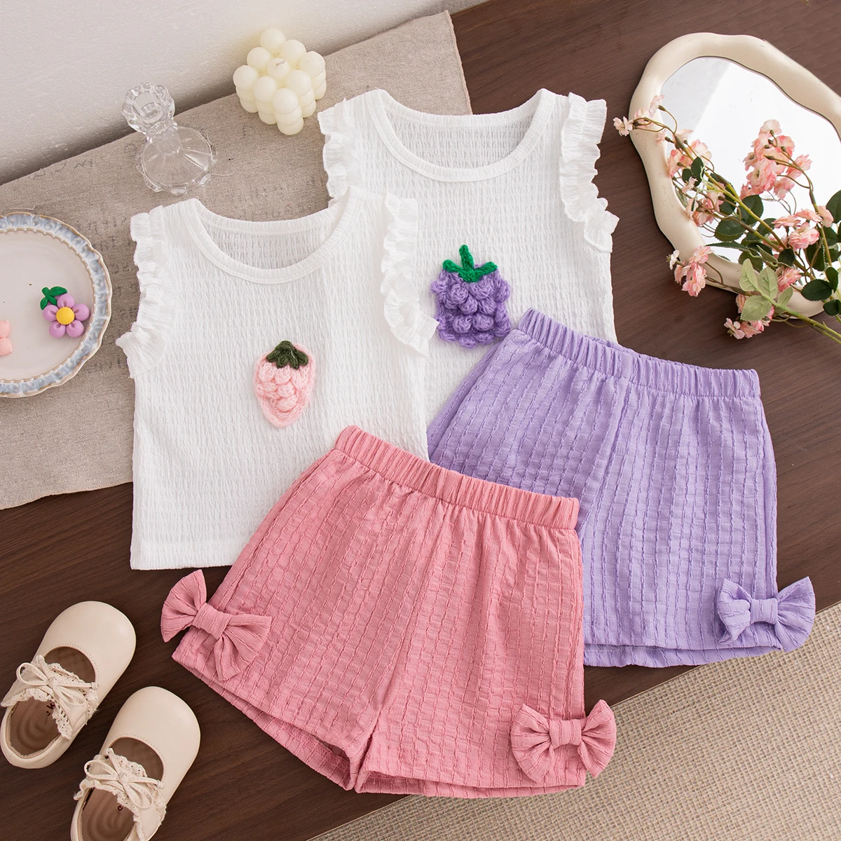 2Pc/Set Baby Sets Summer Cotton Fruit Sleeveless Top Bow Shorts Baby Girl Set Cartoon Cute Beach Baby Girl Clothing