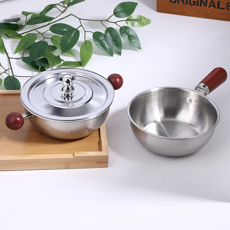 ~Single-Person Heat-Resistant Stainless Steel Pot Wood Handle For Fruit Salad Yogurt Breakfast Kitchen Cooking Bowl