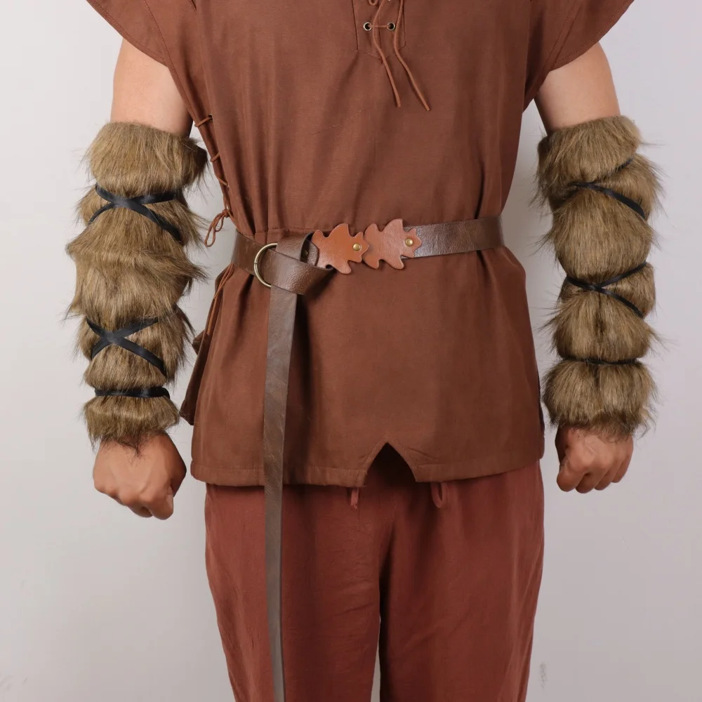 2PC Medieval Viking Arm Guard - Retro style faux fur and faux leather wristband, suitable for Halloween costume accessories