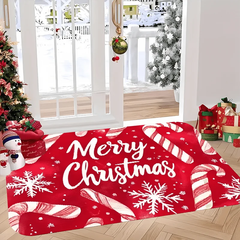 VIKAMA Christmas Door Mat with Candy Stick and Snowflake Design Indoor Outdoor Flannel Welcome Mat for Homes Offices Decoration
