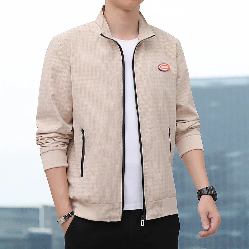 New Plaid Jackets for Man Stand Collar Spring Autumn Fashion Men Jackets Zip-up Riding Casual Male Clothes