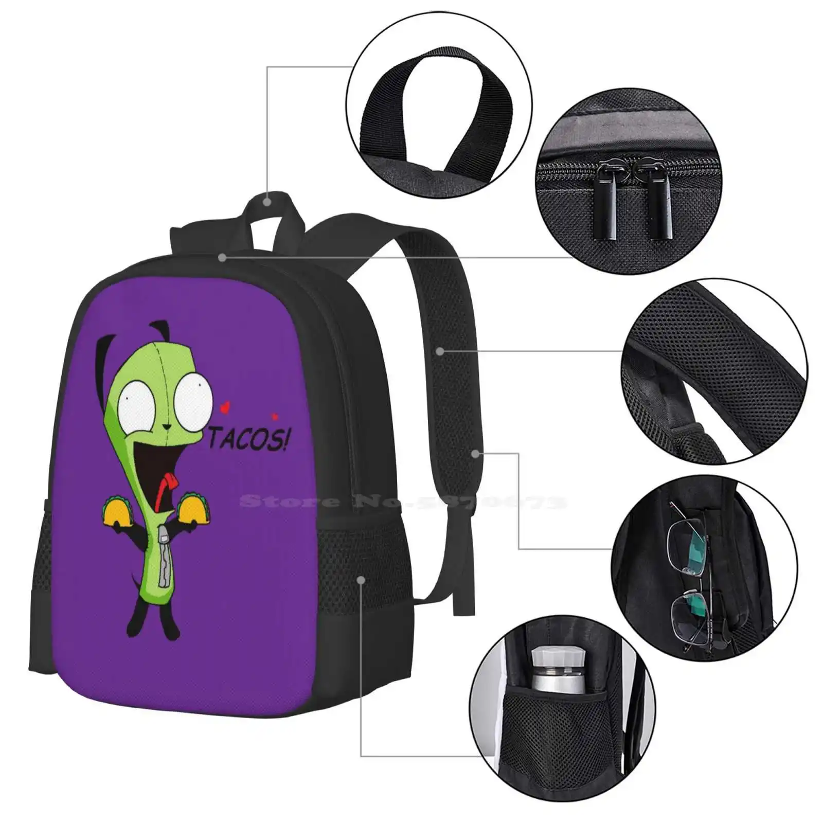 Gir Loves Tacos ( Invader Zim ) Hot Sale Backpack Fashion Bags Gir From Invader Zim Aliens Robots Cartoon The 90S 90S Baby Emo