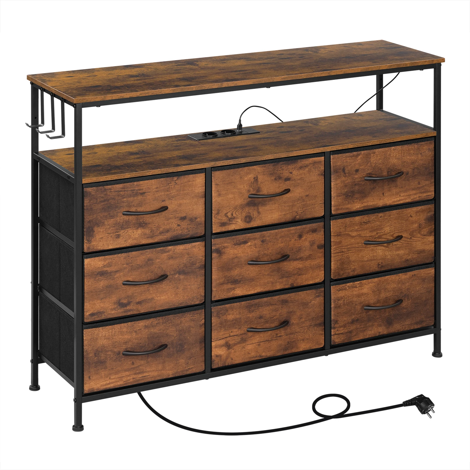 30x110x85cm Kommode, Sideboard mit Steckdose, 9 Stoffschubladen, Metallrahmen, Aufbewahrungsschrank für Wohnzimmer, Schlafzimmer, Flur