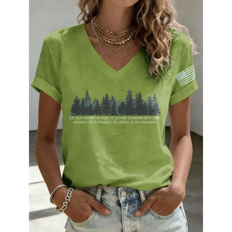 New Women's Resist Print Tees Summer V Neck Tops Short Sleeve Casual Save The Forest Service T-Shirts
