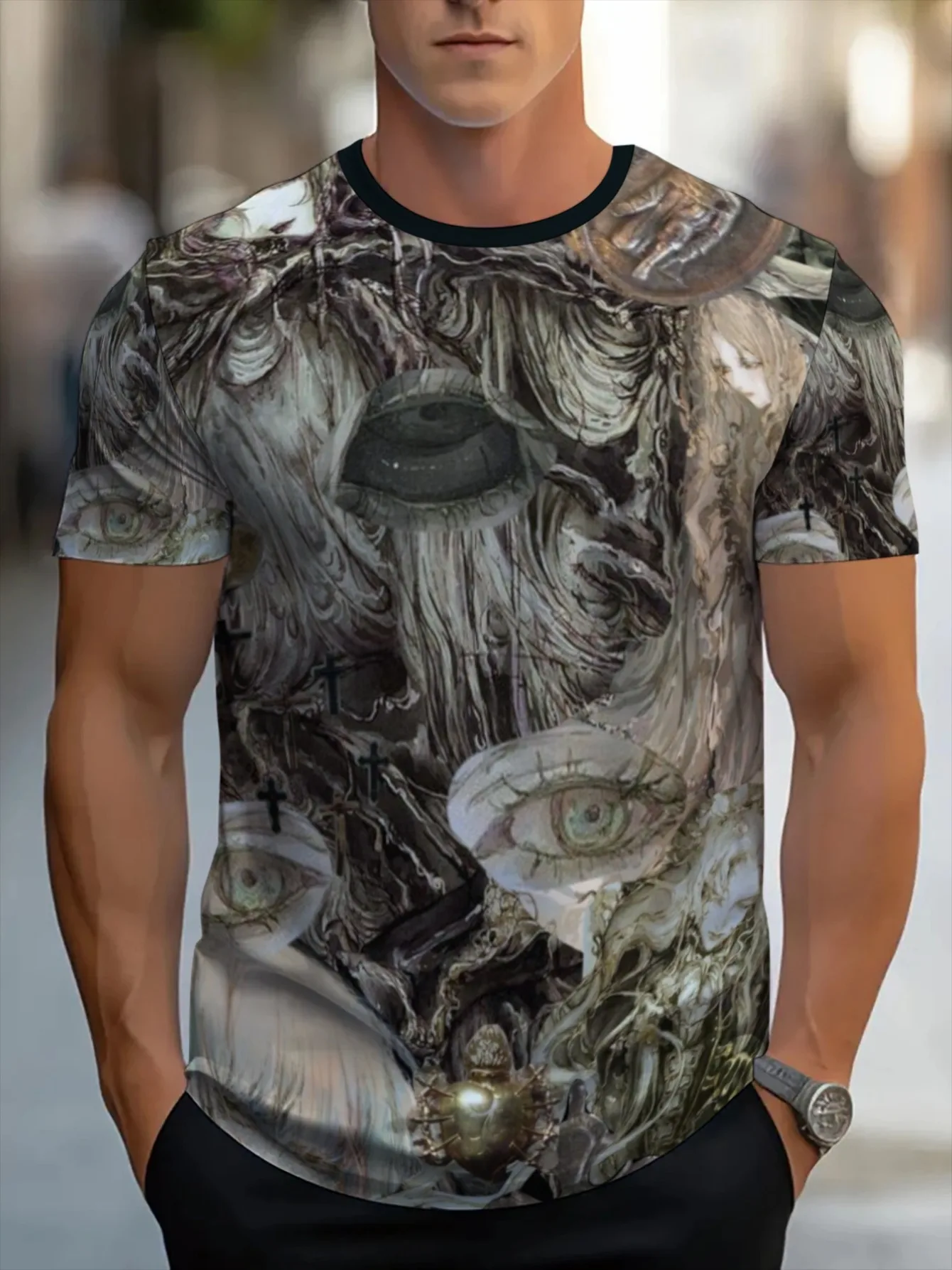 Men Vintage Eye Cross Sacred Heart Abstract 3D Print Crew Neck T Shirt Summer Short Sleeve Casual Street Tee
