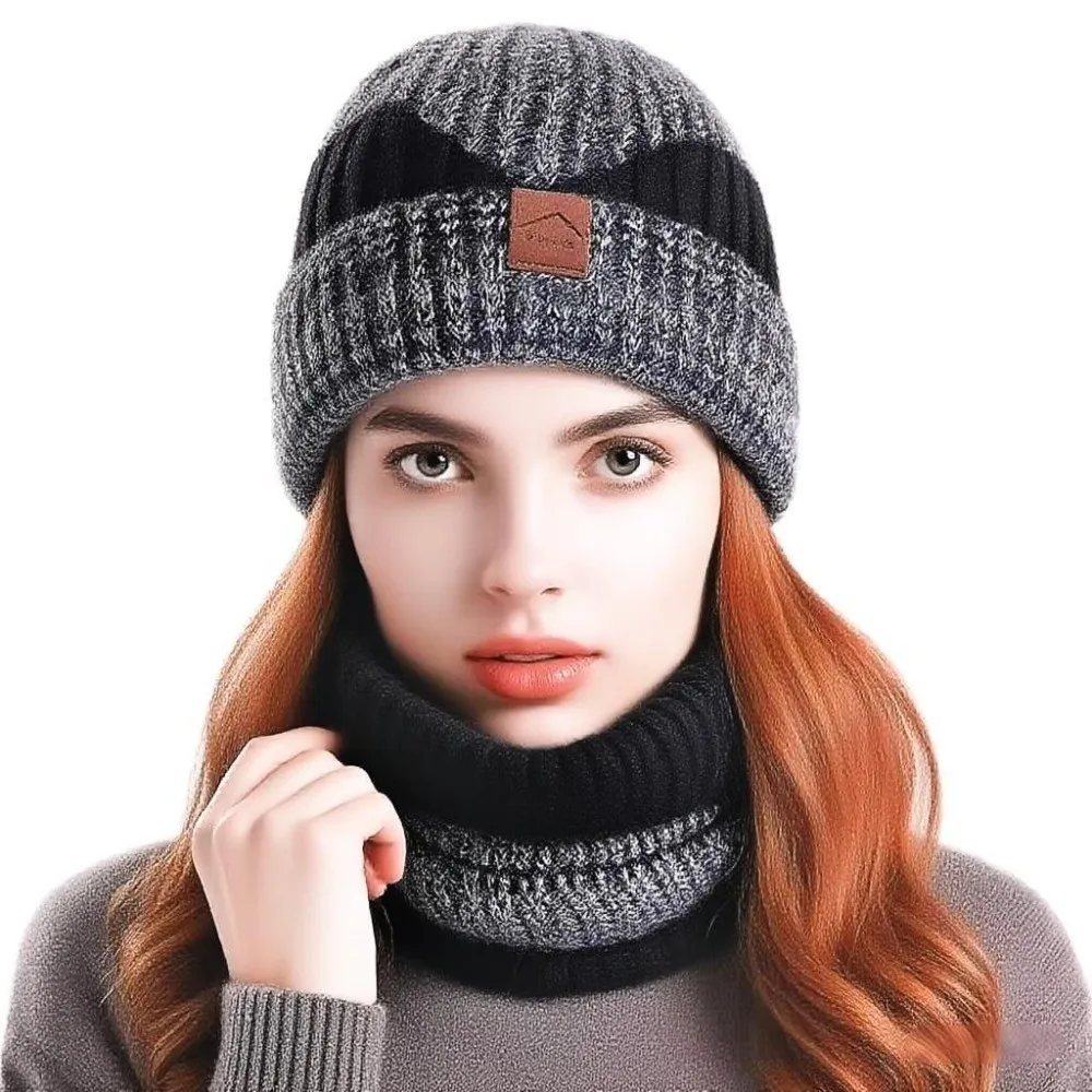 soft Winter Beanie Hat Scarf Set Thicken Thermal Protection Thermal Knit Cap Fleece Lined Stylish Design Warm Wool Hat Women/men