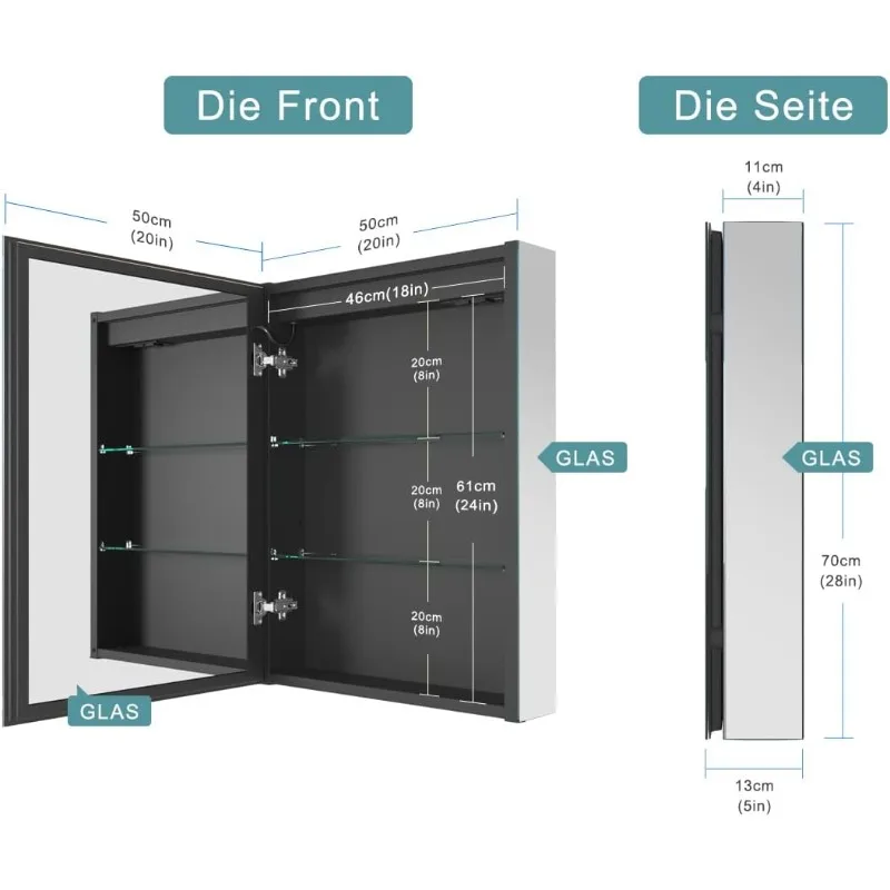 Armoire à miroir HOMedicine à LED avec prises et USB, anti-buée, lumière à intensité variable, réglage des documents, antirouille