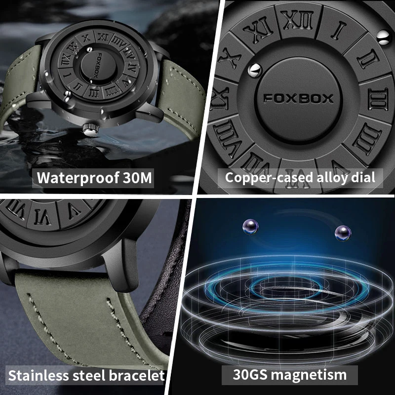 2024 Nieuwe Man Horloge Foxbox Merk Creatieve Lederen Band Scrollen Kralen Quartz Horloges Voor Mannen Magnetische Kracht Waterdichte Klok