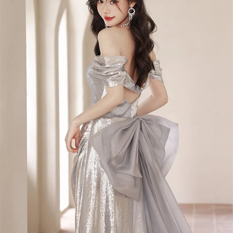 

shoulder woman new sense banquet temperament host light luxury small dress