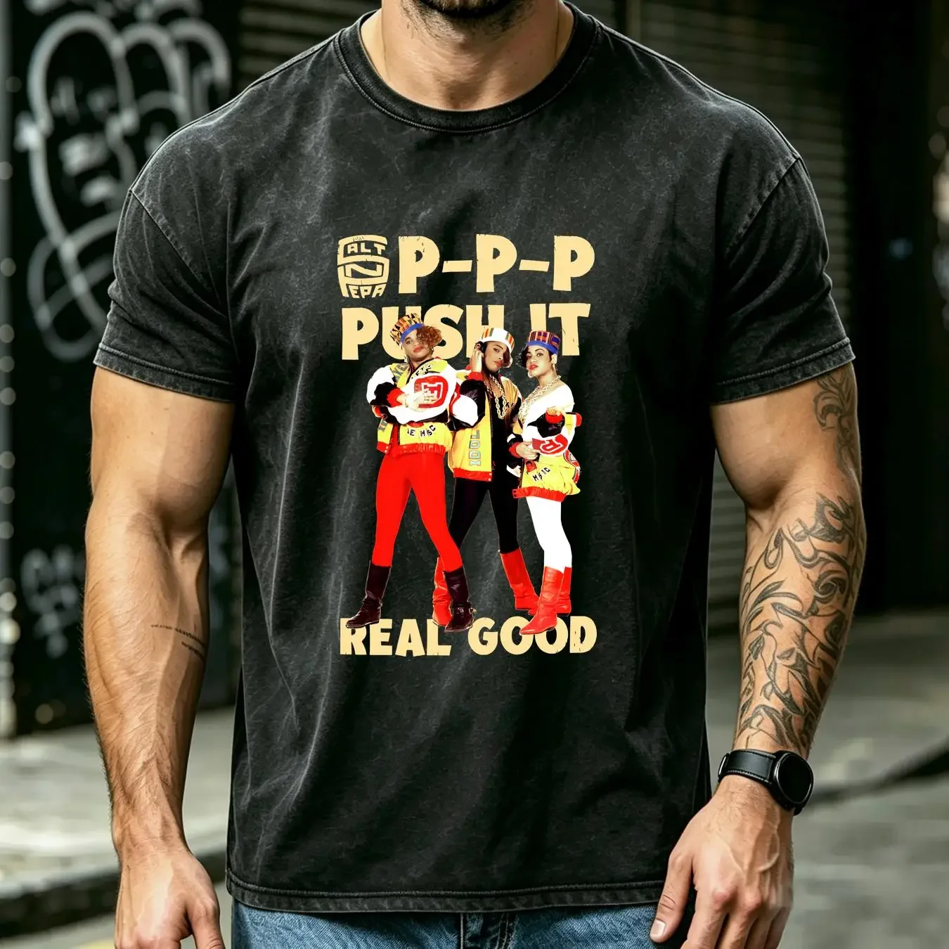 washed T Shirt Vintage Salt N Pepa Push It Girls Black Cotton Full Size long or short sleeves vintage Washed Breathable graphic