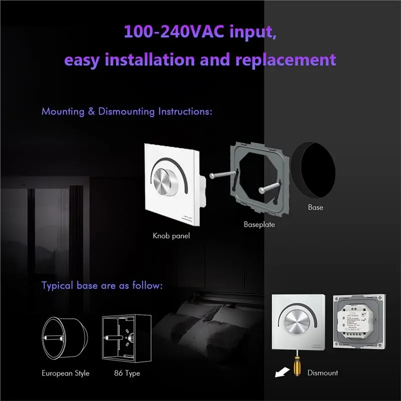 Rotary Panel Dimming Wall Switch For Dual Color, CCT LED Strip Control