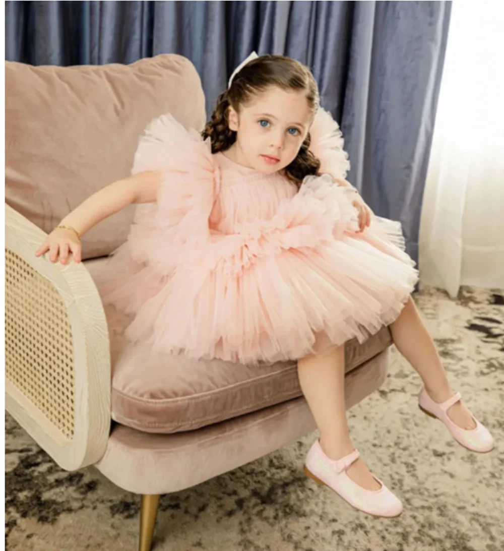 

Peach Pink Flower Girl Dresses Tulle Ruffles Baby Kids Birthday Wedding Party Dress Knee Length Tiered First Communion Ball Gown