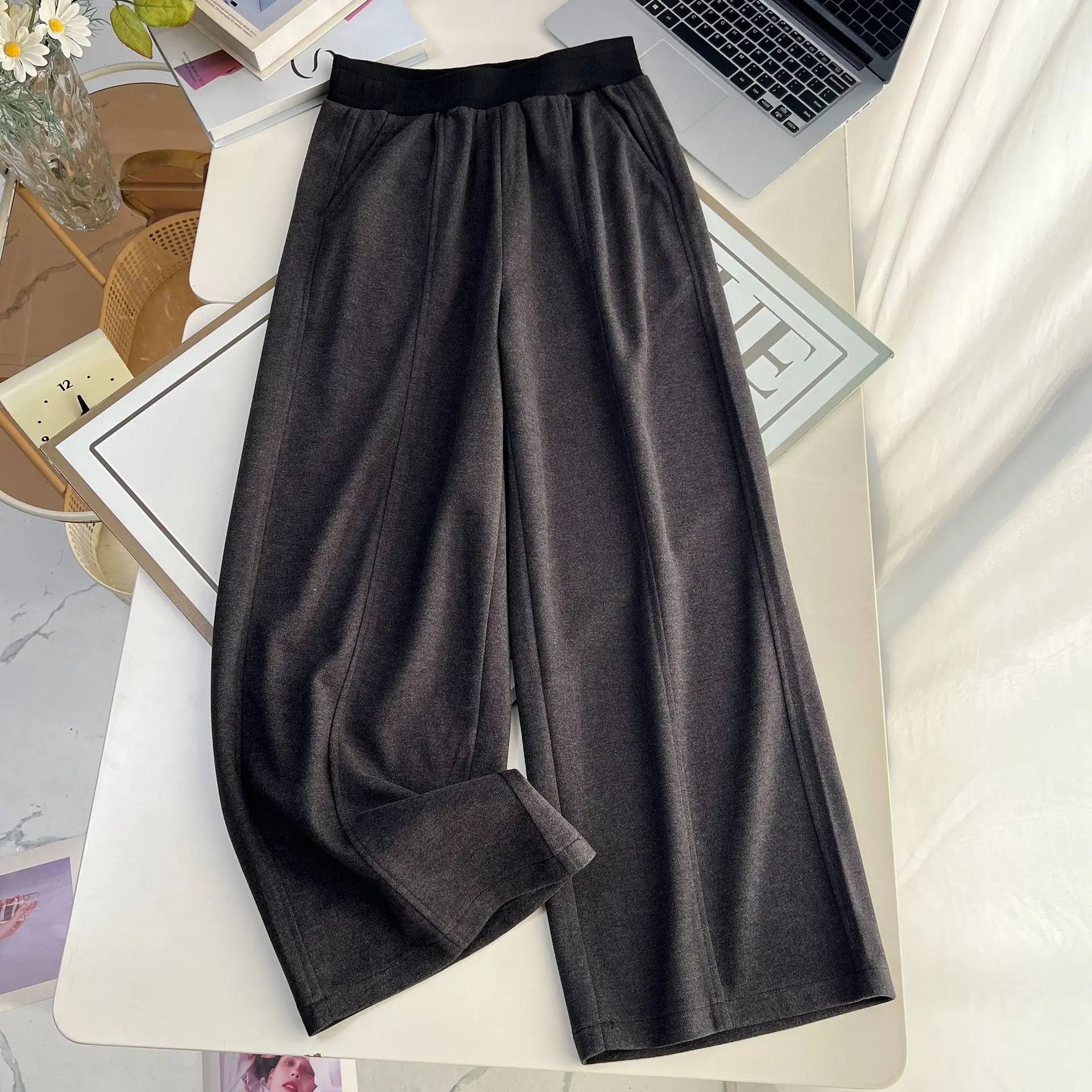 XXXXL Fashion Plus Size Woman Clothing Wide Leg Pants 2025 Autumn Winter Casual Color Matched Waist Woolen Curved Trousers 1752