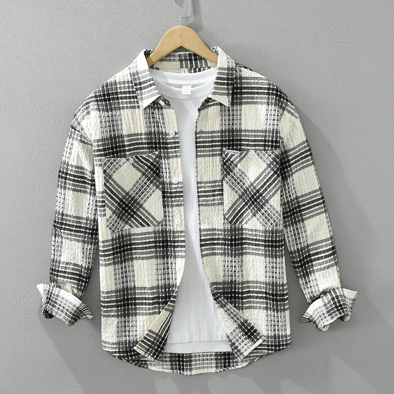 

Fashion Plaid Shirt for Men New Loose Cotton Casual Long Sleeve Shirt Men's Clothing