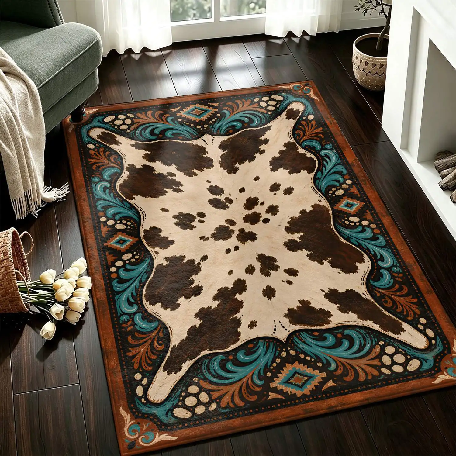 1Pc 2D Printed Cow-Pattern Vintage/European/Bohemian/Geometric Carpet, Machine Washable, Multi-Size, Ideal for Home Decor Such as Living Room, Bedroom, Dining Room, Entrance, Study