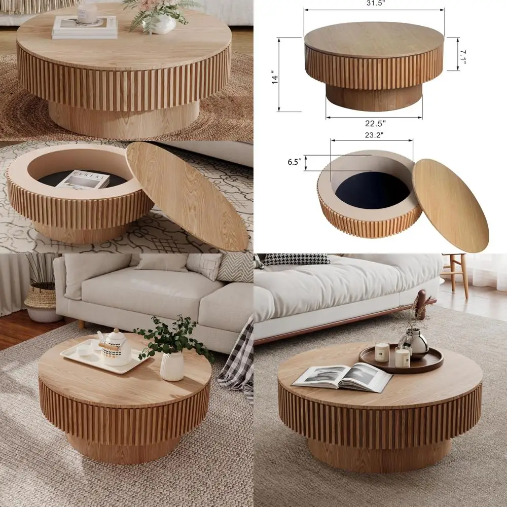 طاولة قهوة مستديرة مقاس 31.5 بوصة على طراز المزرعة مع مساحة تخزين لغرفة المعيشة والشقة والمكتب، لمسة نهائية من الخشب الطبيعي