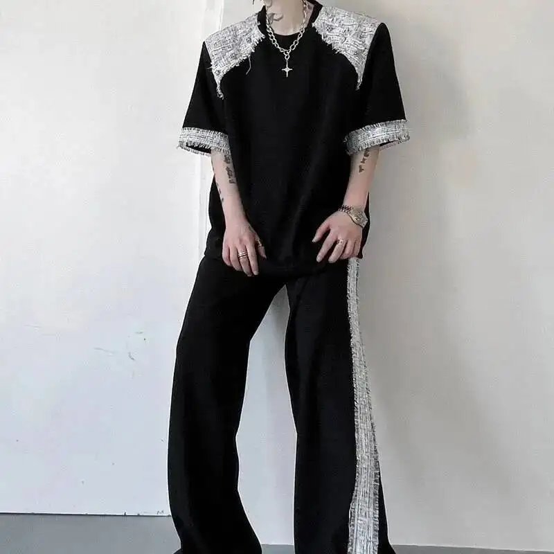Summer Two Men's Pieces Set Tweed Patchwork Design Short Sleeve T-Shirt And Loose Wide Leg Long Pants Casual Sets OF7V view 6