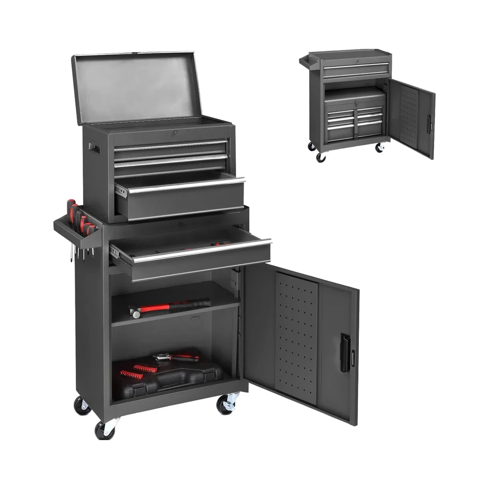 #￥forJINFENG Home Wheeled 2-in-1 Large Capacity Detachable Top Cabinet 4 Drawers Hooks Lockable Metal Construction 150kg Load