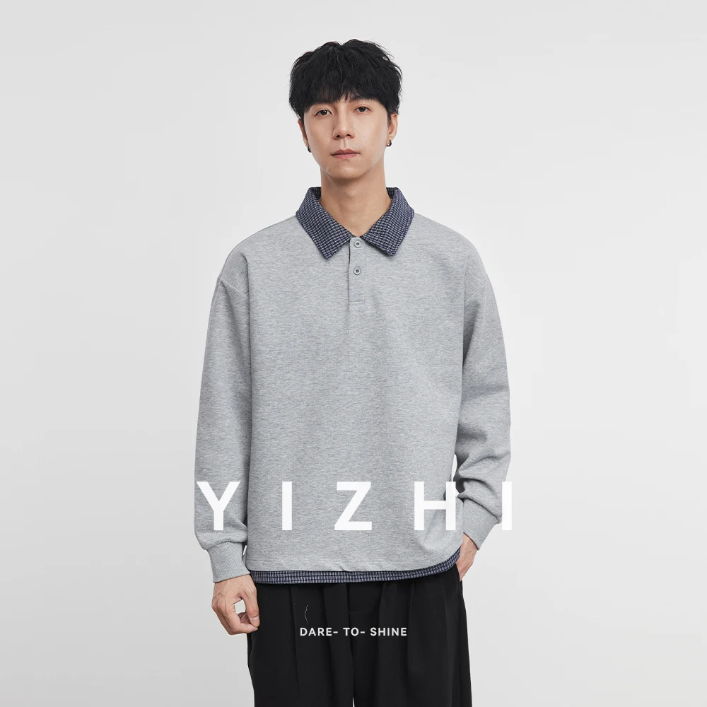 Fashion Men's Casual Long Sleeve Polo Shirt 2025 Winter New Plaid Collar Hem Layered Look Comfortable Soft Pullover Top Wear