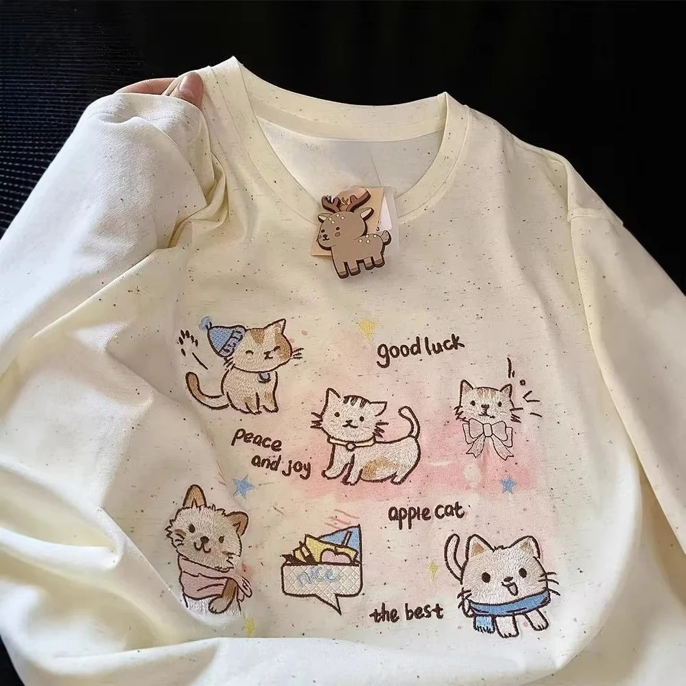 

Floral Embroidery Cat Colorful Polka Dot Short Sleeve T-Shirt Loose Fit Cotton Summer Women's Top Korean Style Casual Wear