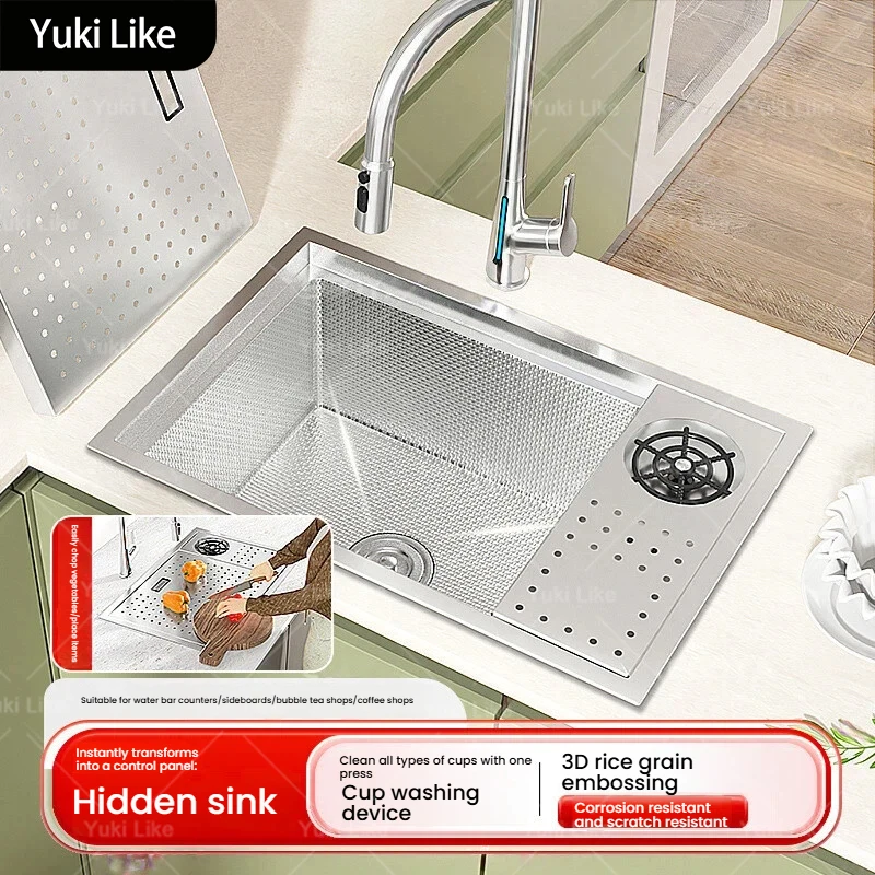 

Kitchen Sink Silver Stainless Steel Multifunctional Small Single Slot Bar Hidden Sink With lid and Cup Washer Wash Dish Basin