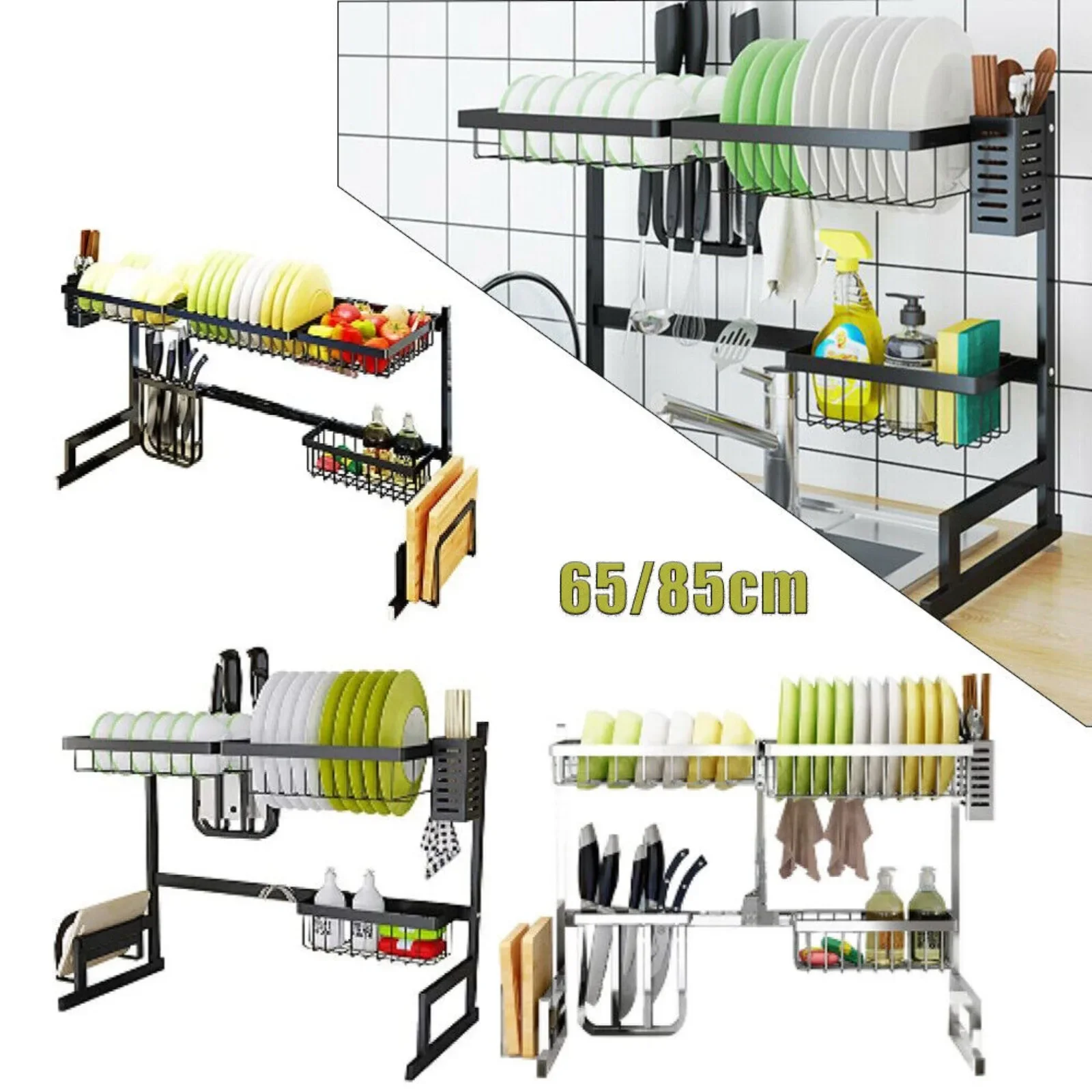 

US 65/85CM Kitchen Sink Drain Rack Shelf Dish Cutlery Drying Holder Stainless Steel