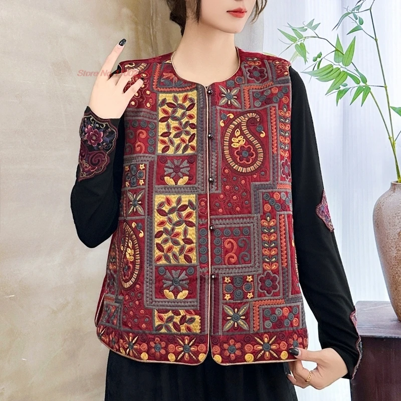 

2025 chinese vintage cotton-padded vest traditional o-neck satin jacquard folk vest national flower embroidery sleeveless jacket