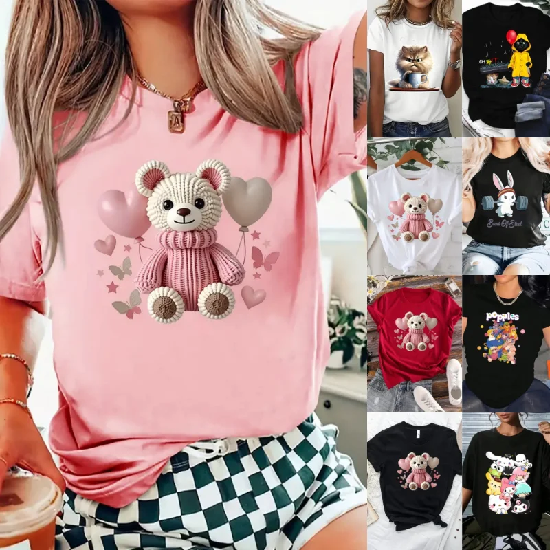 

cotton 100% Women's short-sleeved T-shirt with animal prints, fashionable and casual round-neck top aesthetic clothes