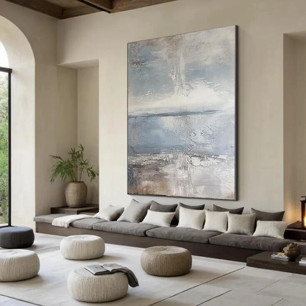 100% Handmade Abstract Oil Painting On Canvas Blue Gray Thick Wall Art Picture Large Mural For Home Living Room Decor Image