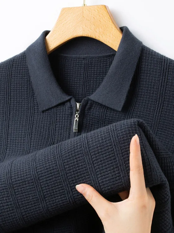 

Мужской шерстяной вязаный свитер на осень-зиму с воротником на молнии, модный повседневный теплый базовый слой, топ из смесового полиэстера